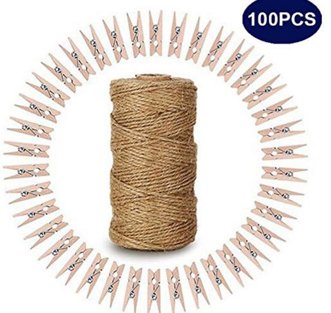 SF SOONEAT Clothes Pins Mini Clothespins White - 100 Pcs Wooden Small Clothespins for Pictures with Jute Twine Tiny Photo Paper Clip, Ideal for Baby Shower, Craf