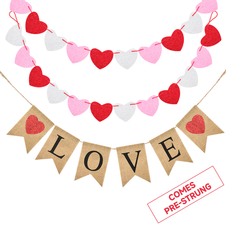 jijAcraft Pre-Assembled Valentines Burlap Banner with Felt Heart Banner for Valentines Day Décor, Rustic Love Hanging Banner & 24pcs Felt Heart Garland Banner Decor for Mantle Fireplace Wall