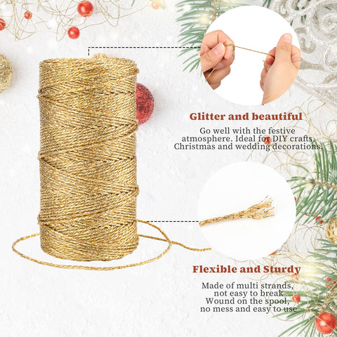 jijAcraft 328 Feet Gold String Twine - 1.5mm Metallic Ornament Thread Gift Wrapping - Inelastic Macrame Glitter Gold Cord for Crafting, Wedding Gift Package, DIY Presents Wrapping Decoration