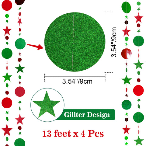 jijAcraft Christmas Glitter Star Garland Decorations, Green and Red Hanging Garands Banner Backdrop, Star Party Decoration for Christmas Party X-mas Decor (52 Feet)