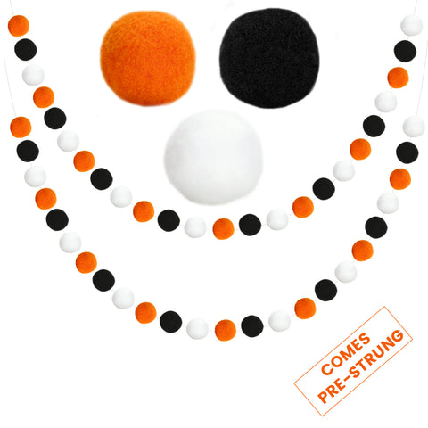 jijAcraft Felt Ball Garland 2Pcs Colorful Pom Pom Garland, Handmade 8 Feet Long 30 Balls Felt Ball Garlands for Halloween Thanksgiving Xmas Christmas Tree Decoration (Orange Black and White)