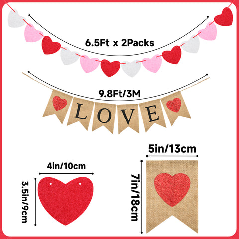 jijAcraft Pre-Assembled Valentines Burlap Banner with Felt Heart Banner for Valentines Day Décor, Rustic Love Hanging Banner & 24pcs Felt Heart Garland Banner Decor for Mantle Fireplace Wall