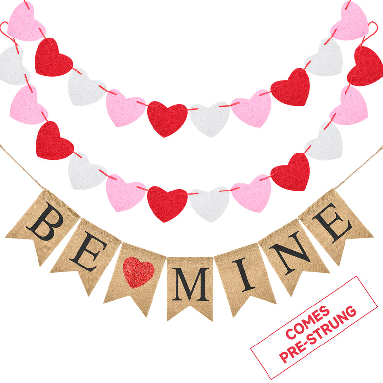 jijAcraft Pre-Assembled Valentines Burlap Banner with Felt Heart Banner for Valentines Day Décor, Rustic Be Mine Hanging Banner & 24pcs Felt Heart Garland Banner Decor for Mantle Fireplace Wall