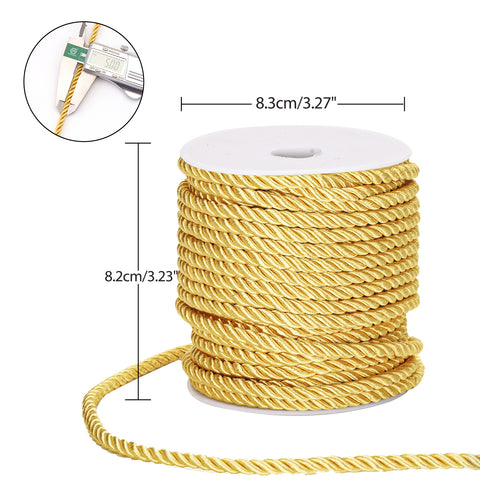 jijAcraft 5mm 21 Yards Gold Rope Cord for Sewing & Crafting, 3-Ply Twisted Decorative Cord, Shiny Cord Polyester String for Home Decor Curtain Tieback, Upholstery, Graduation Honor Cord