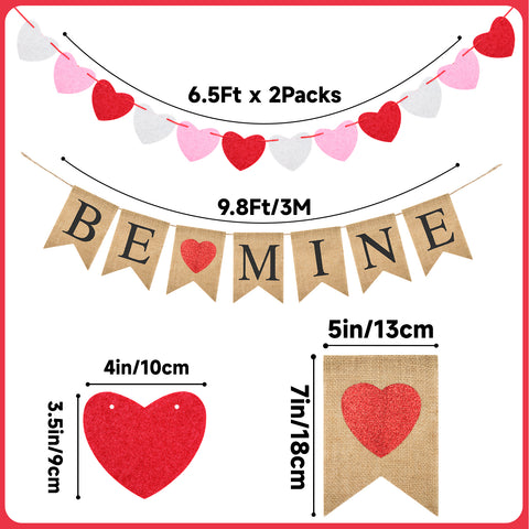 jijAcraft Pre-Assembled Valentines Burlap Banner with Felt Heart Banner for Valentines Day Décor, Rustic Be Mine Hanging Banner & 24pcs Felt Heart Garland Banner Decor for Mantle Fireplace Wall